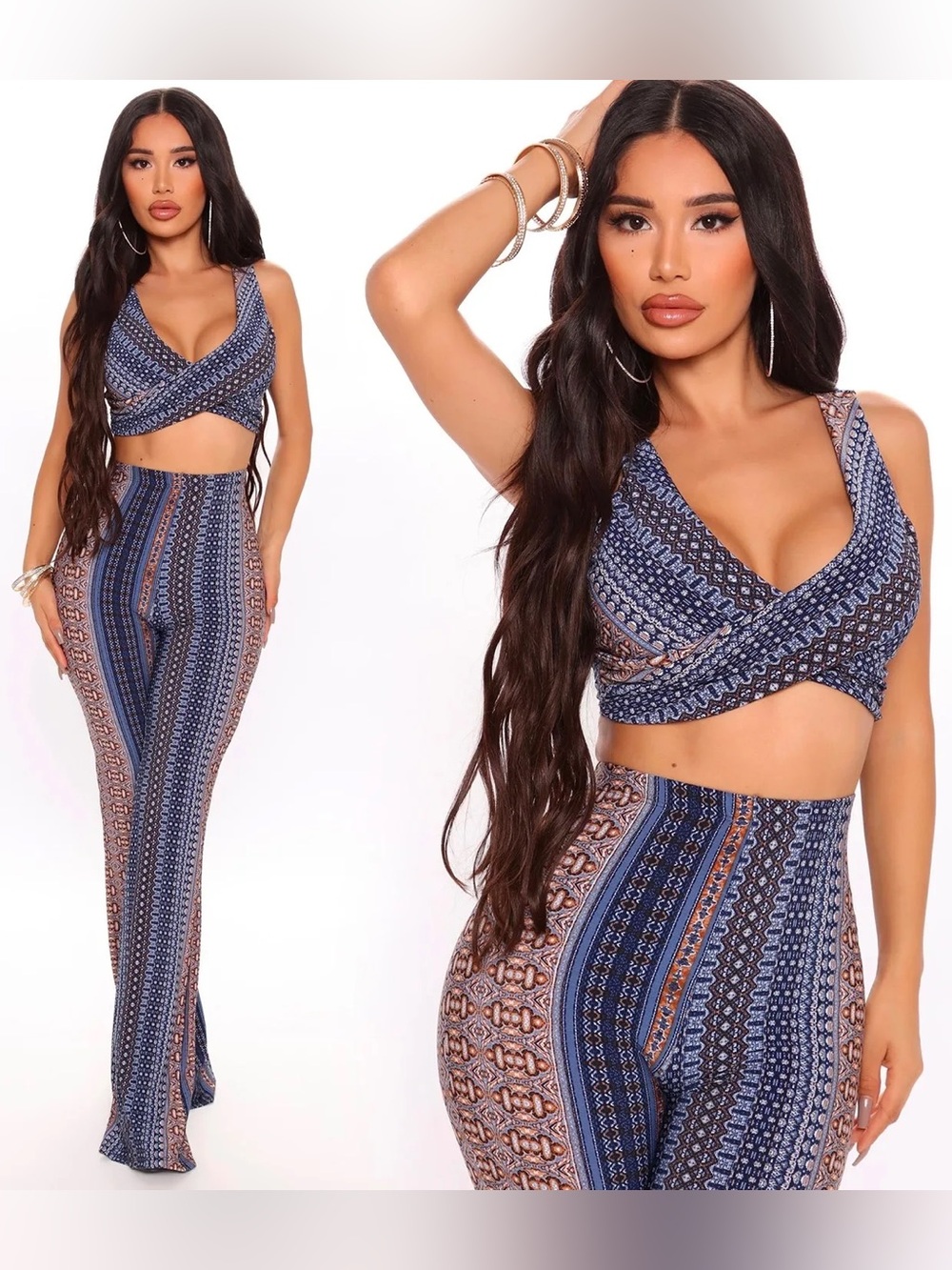 Fashion Nova Blue Boho Print Two Piece Matching Set
